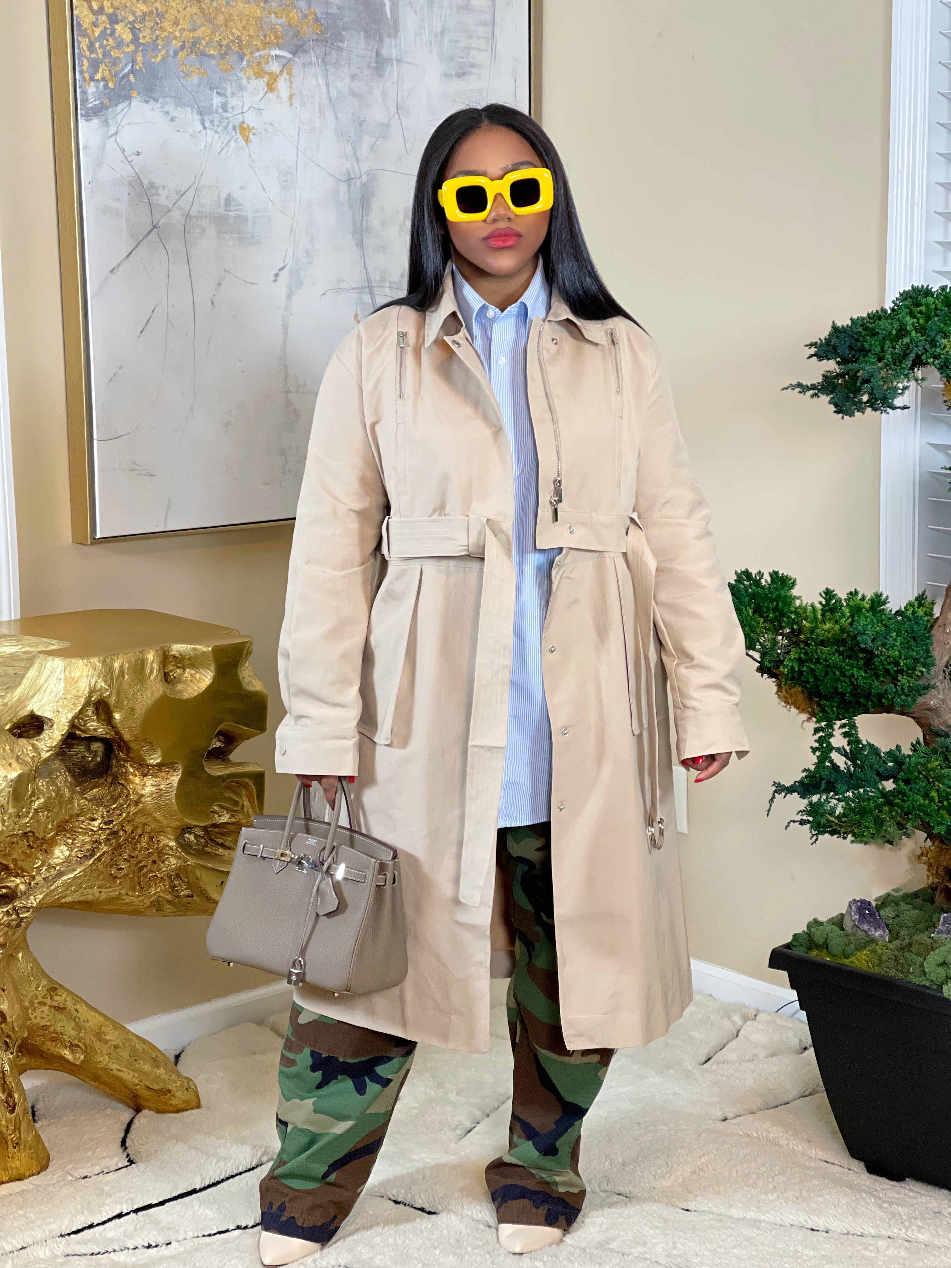 GOLDxTEAL khaki trench coat. Stylish trenche coat with zip off bottom.