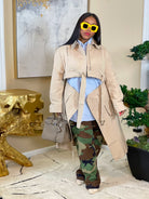 GOLDxTEAL khaki trench coat. Stylish trenche coat with zip off bottom.