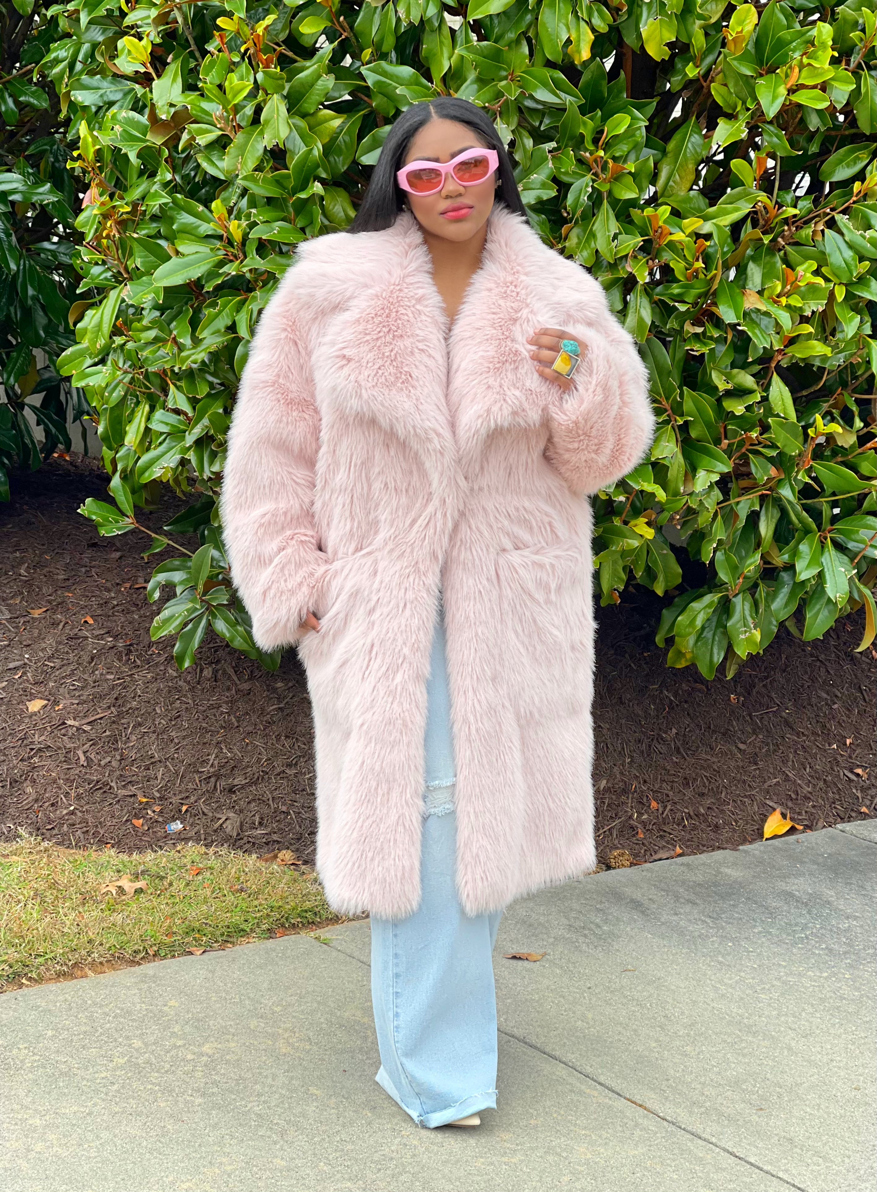 GOLDxTEAL pink fluffy faux fur coat. Stunning vegan fur coat with wide lapels and oversized pockets.