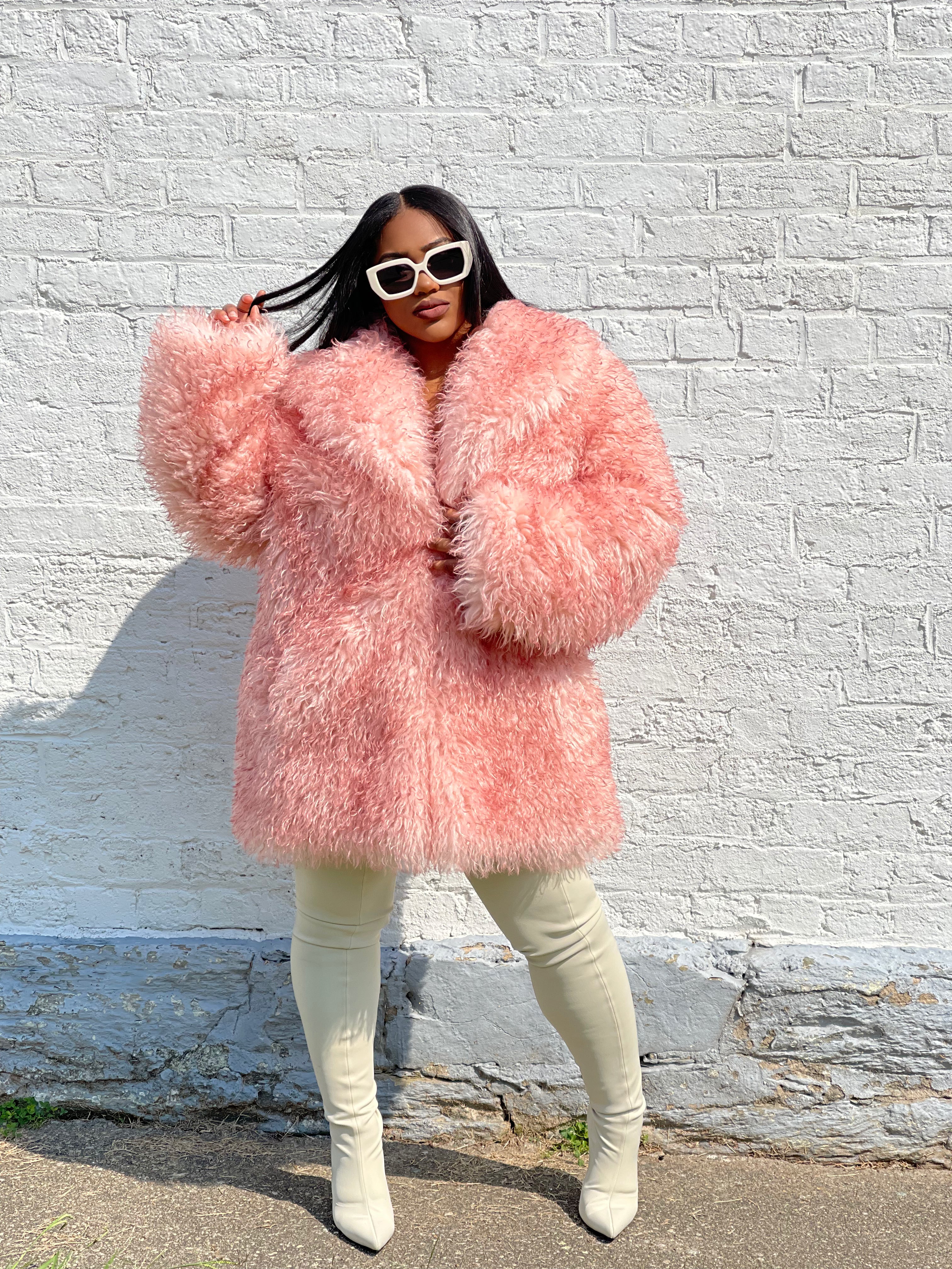 GOLDxTEAL pink faux fur coat. Soft and fluffy vegan fur jacket.  Edit alt text