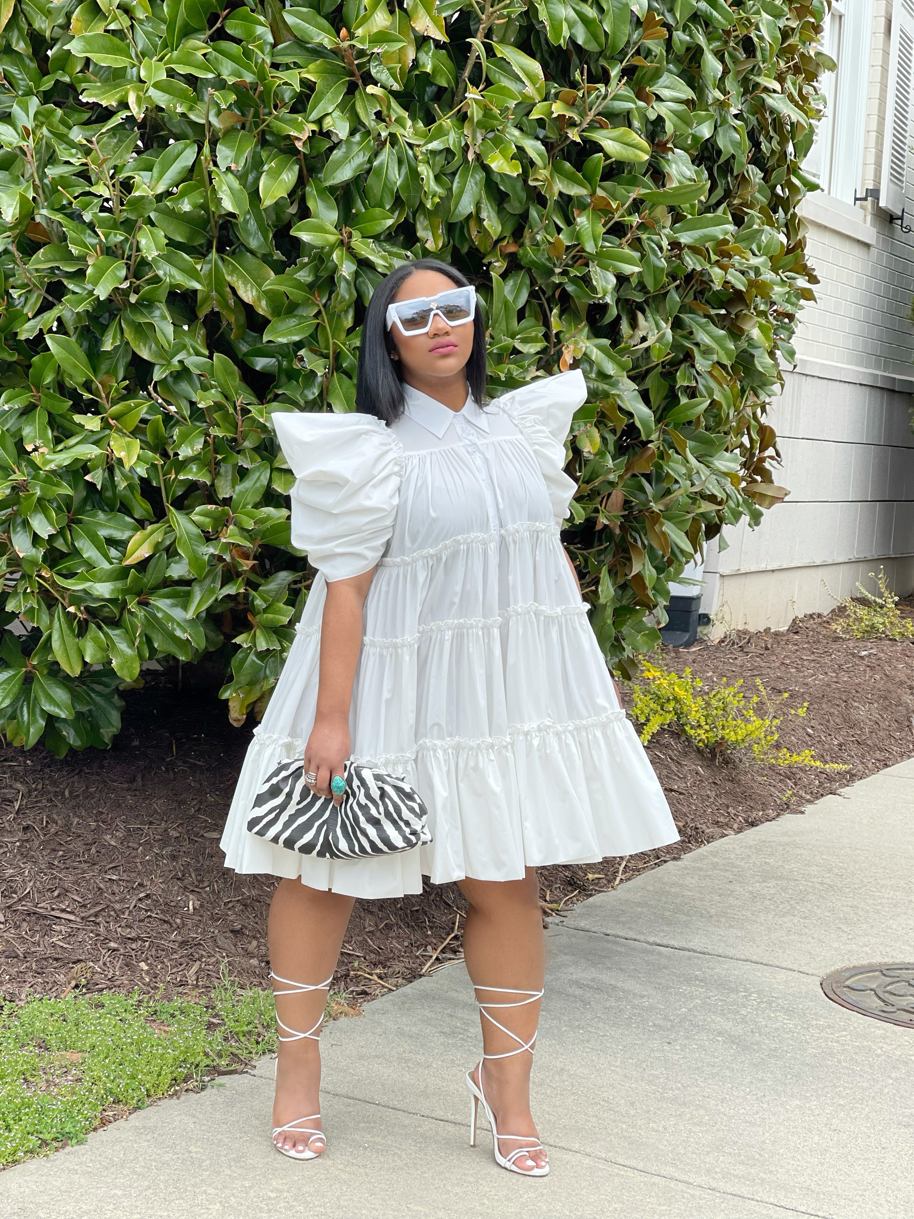 GOLDxTEAL white puff sleeve dress. Gorgeous dramatic short sleeve dress accented with ruffles