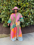 GOLDxTEAL colorful fuzzy long cardigan. Fringe cardigan.