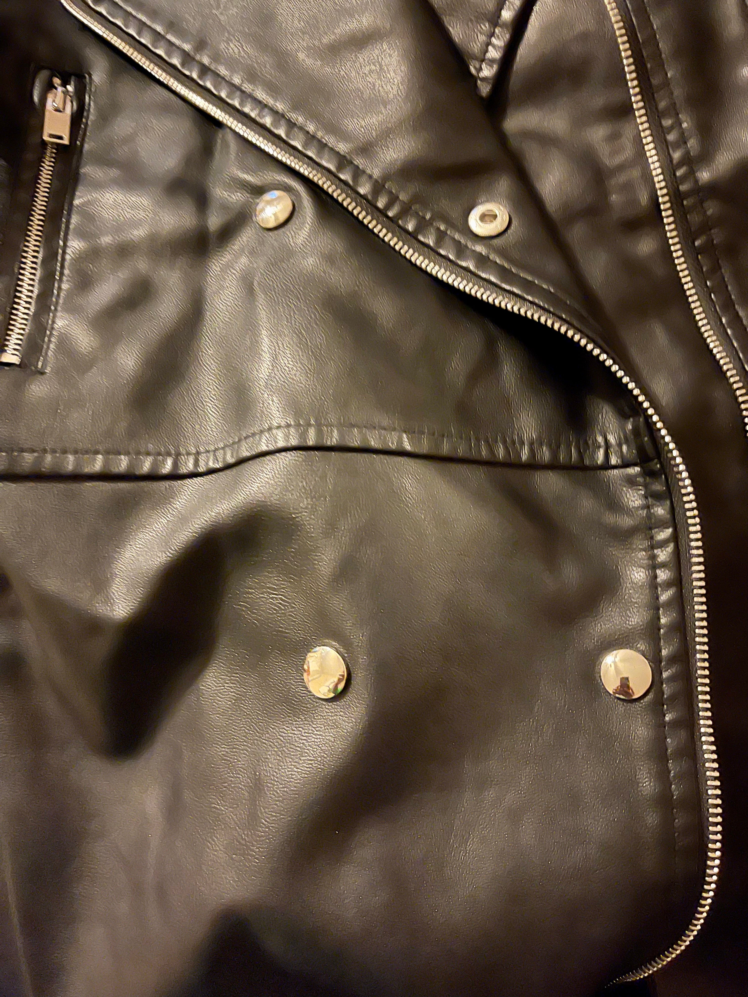 GOLDxTEAL vegan leather moto jacket.