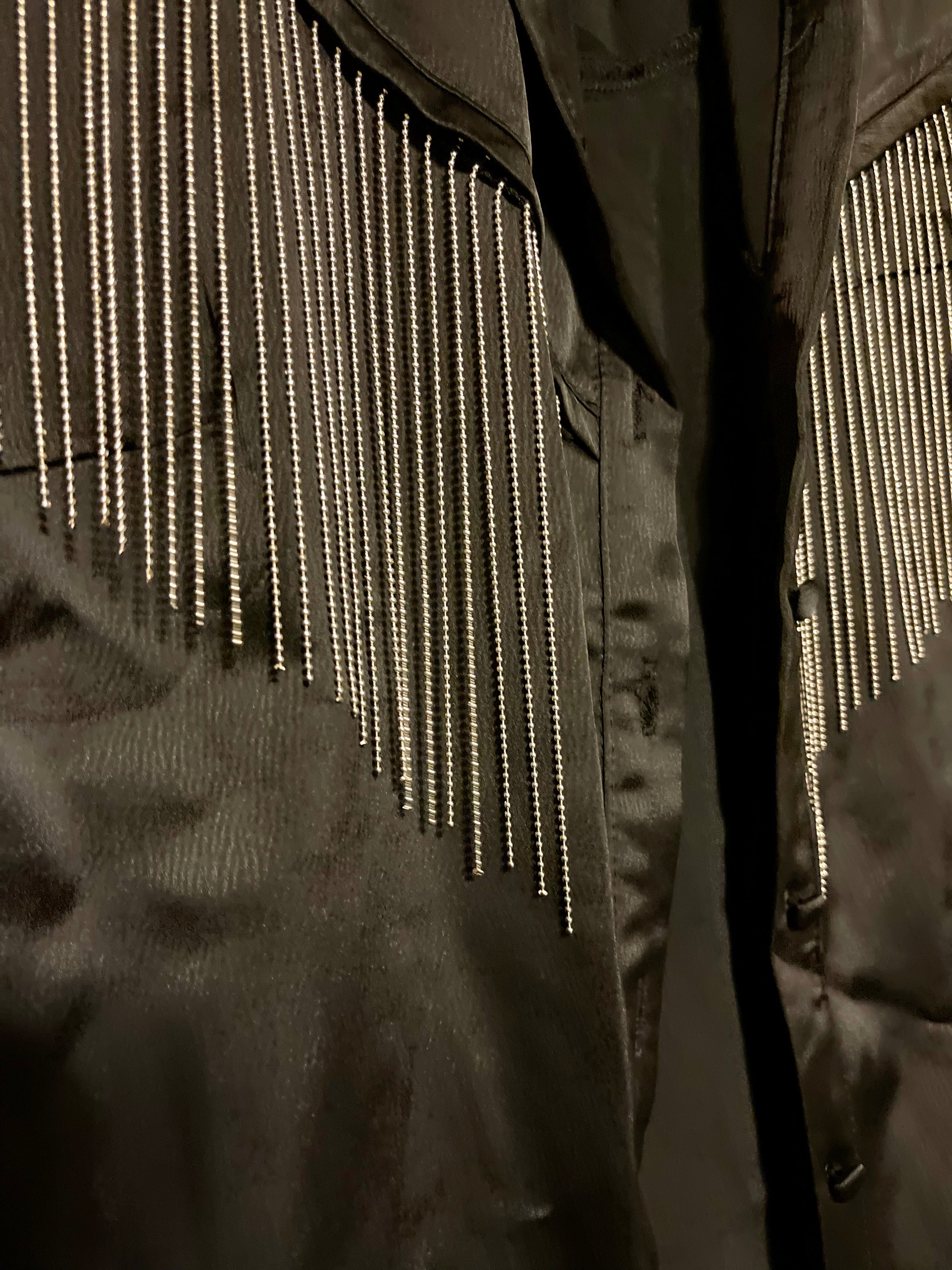 GOLDxTEAL black satin shirt accented with silver metal fringe.