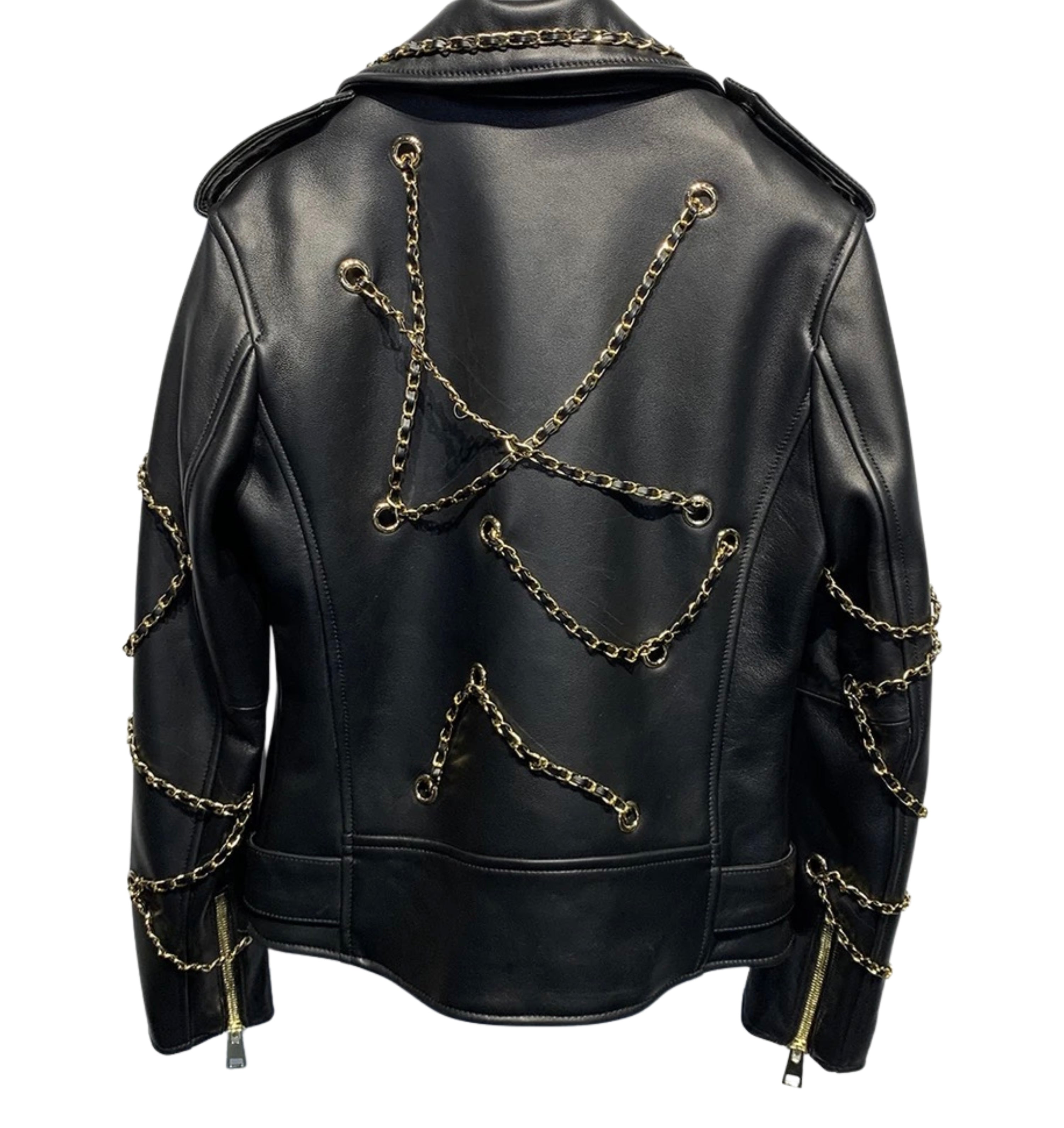 GOLDxTEAL chains leather biker jacket.