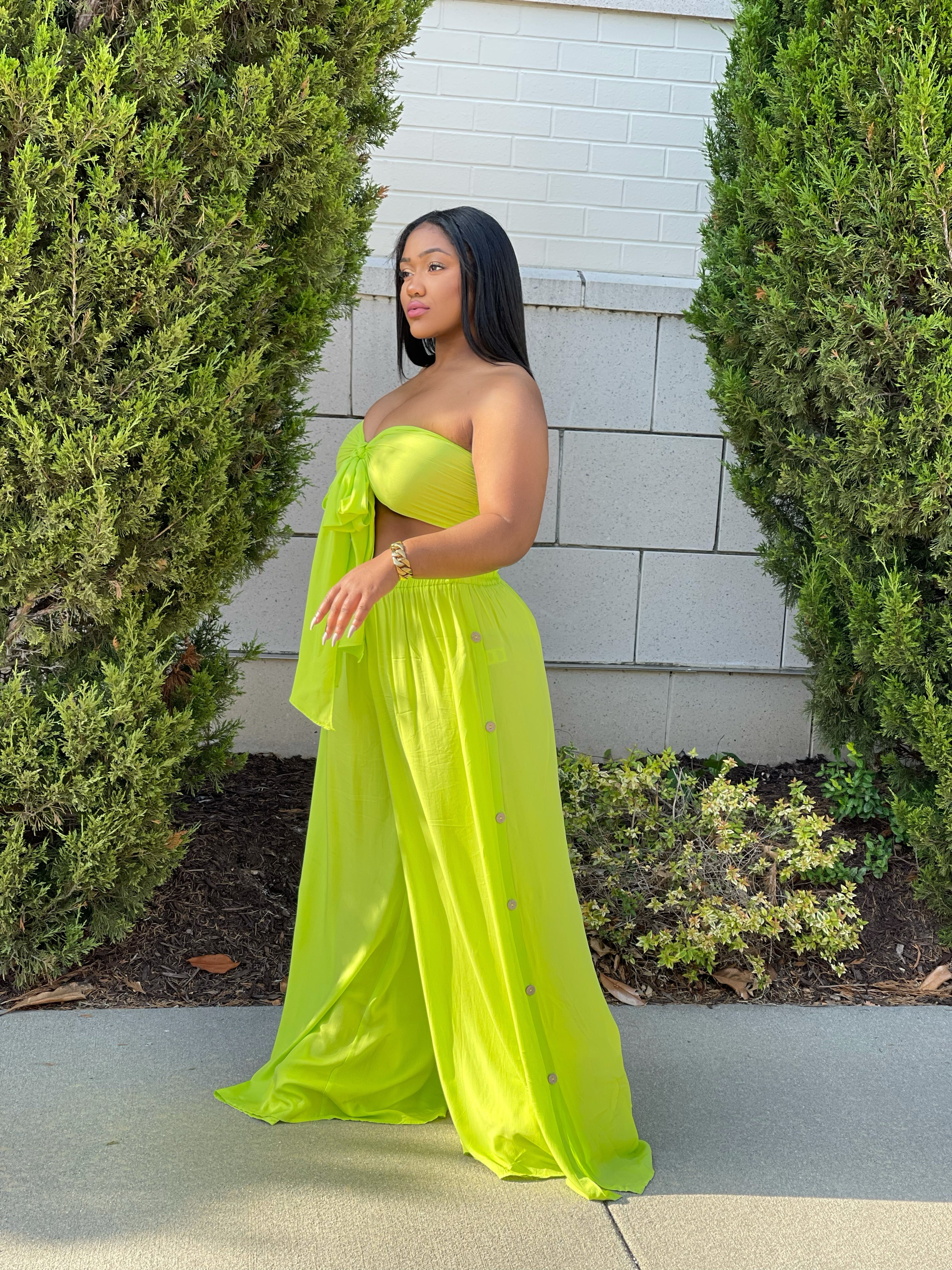 GOLDxTEAL bright colored wide leg pant set. Lime green wide leg pants and matching bandeau top.
