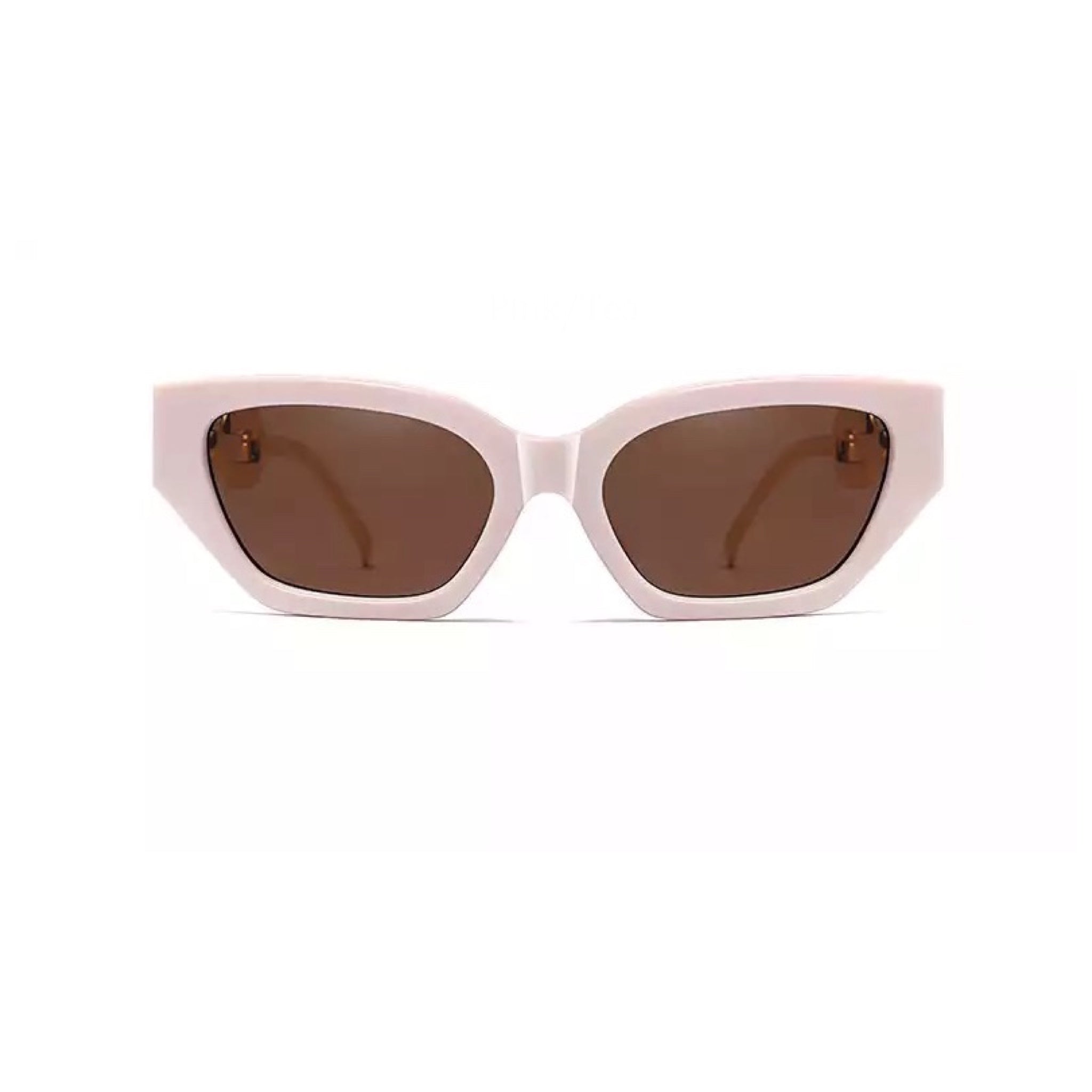 GOLDxTEAL blush cat eye sunglasses with metal chain arms.