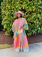 GOLDxTEAL colorful fuzzy long cardigan. Fringe cardigan.