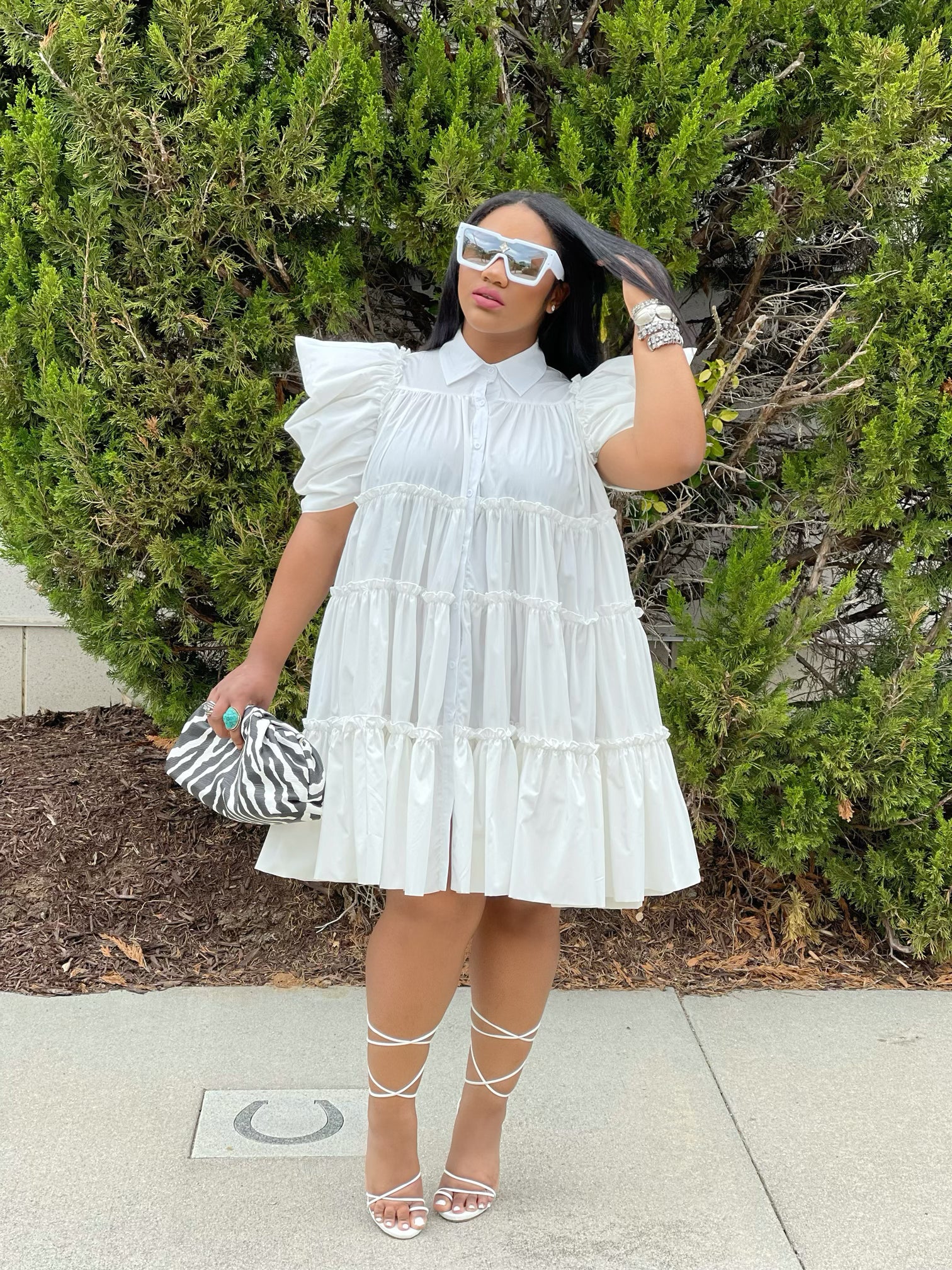 GOLDxTEAL white puff sleeve dress. Gorgeous dramatic short sleeve dress accented with ruffles