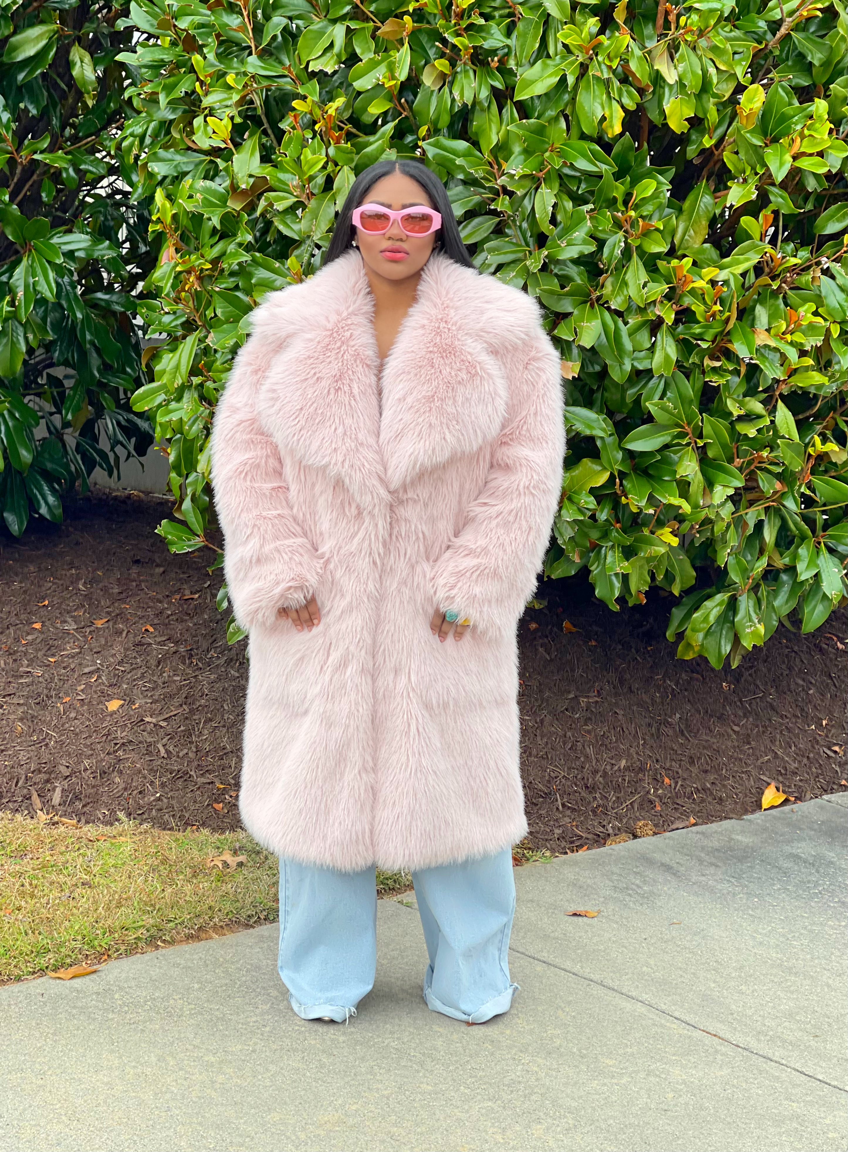GOLDxTEAL pink fluffy faux fur coat. Stunning vegan fur coat with wide lapels and oversized pockets.