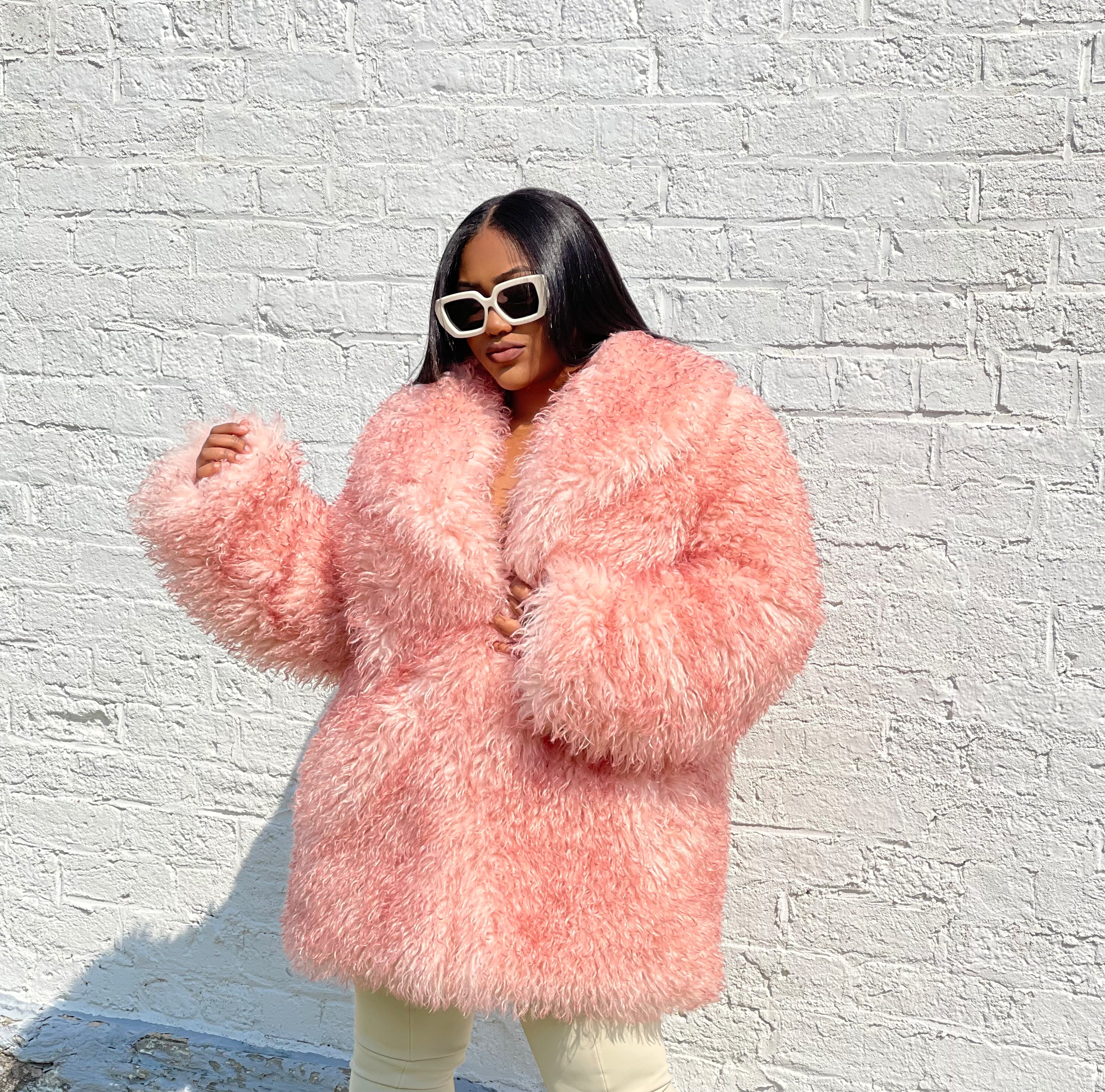 GOLDxTEAL pink faux fur coat. Soft and fluffy vegan fur jacket.  Edit alt text