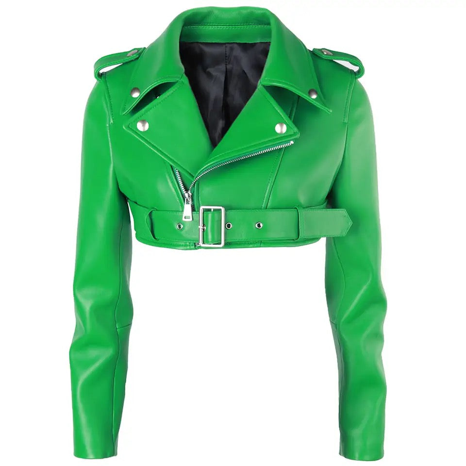 GOLDxTEAL green leather crop motorcycle jacket.