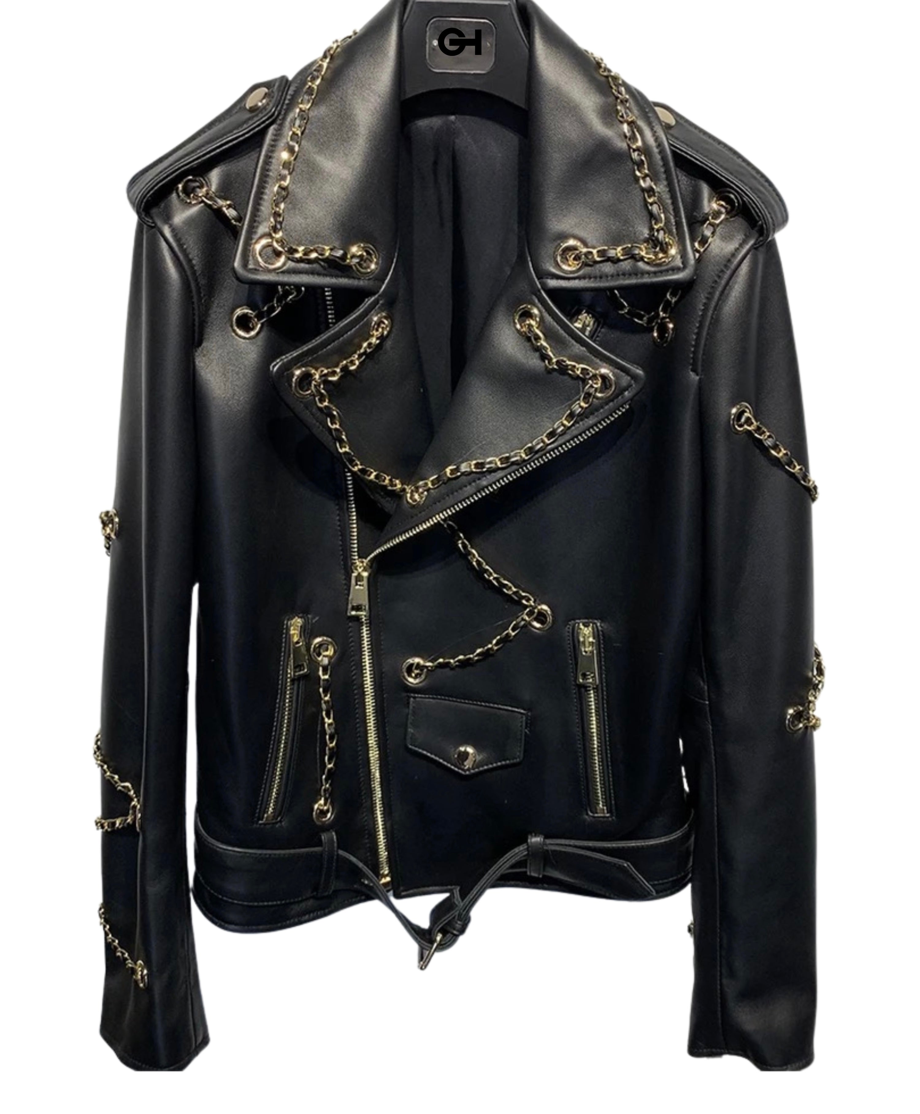 GOLDxTEAL chains leather biker jacket.