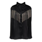 GOLDxTEAL black satin shirt accented with silver metal fringe.