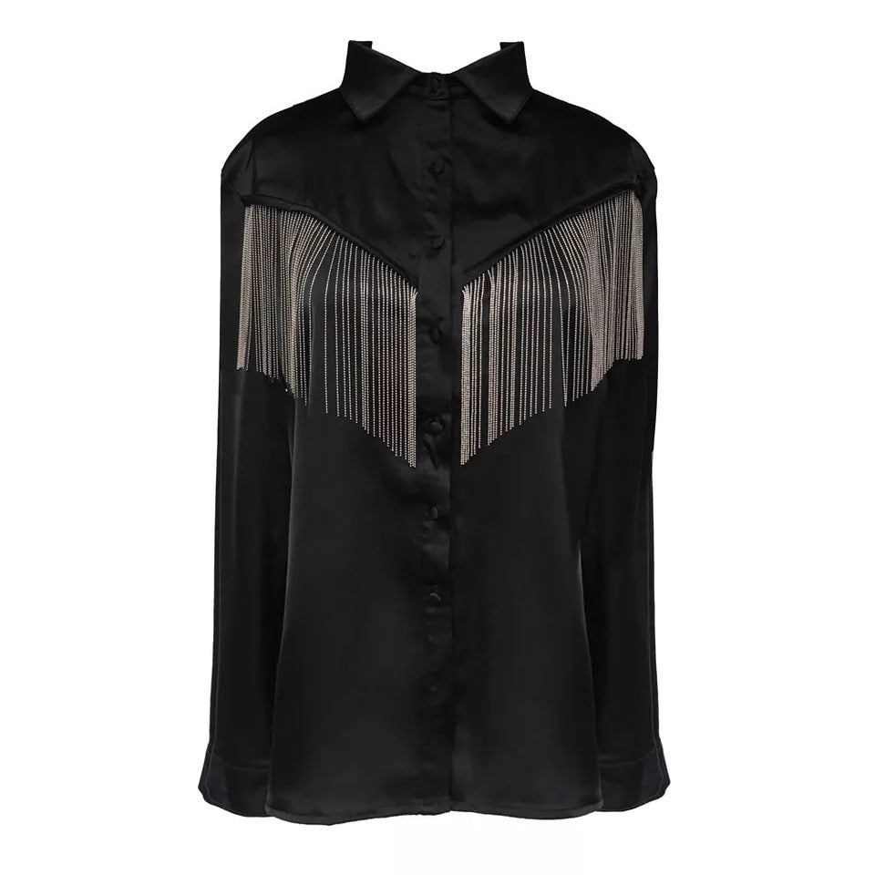 GOLDxTEAL black satin shirt accented with silver metal fringe.