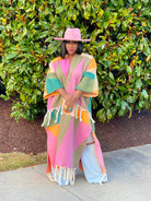 GOLDxTEAL colorful fuzzy long cardigan. Fringe cardigan.