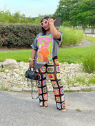 GOLDxTEAL modern crochet pants. Colorful patchwork crochet pants.