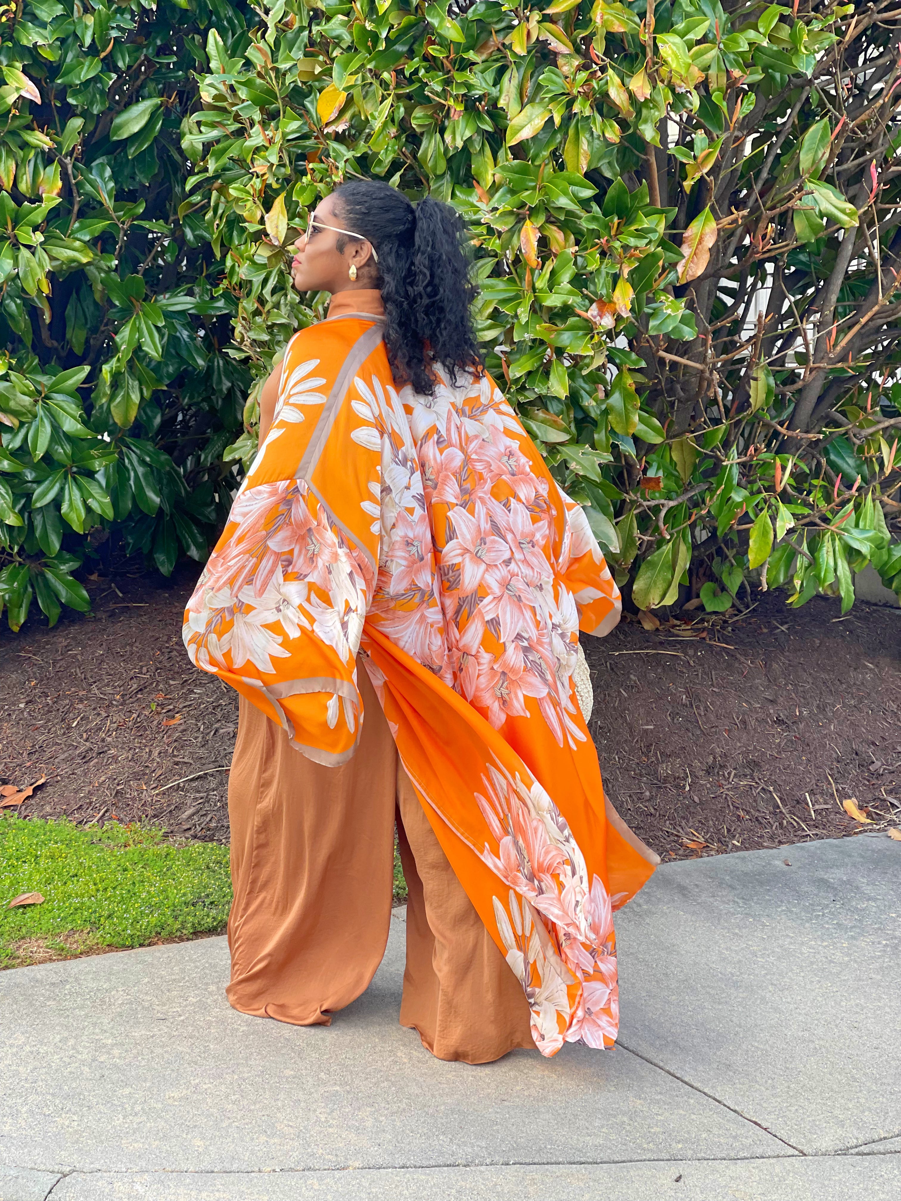 GOLDxTEAL colorful orange kimono. Chic floral print kimono.