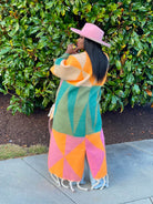 GOLDxTEAL colorful fuzzy long cardigan. Fringe cardigan.