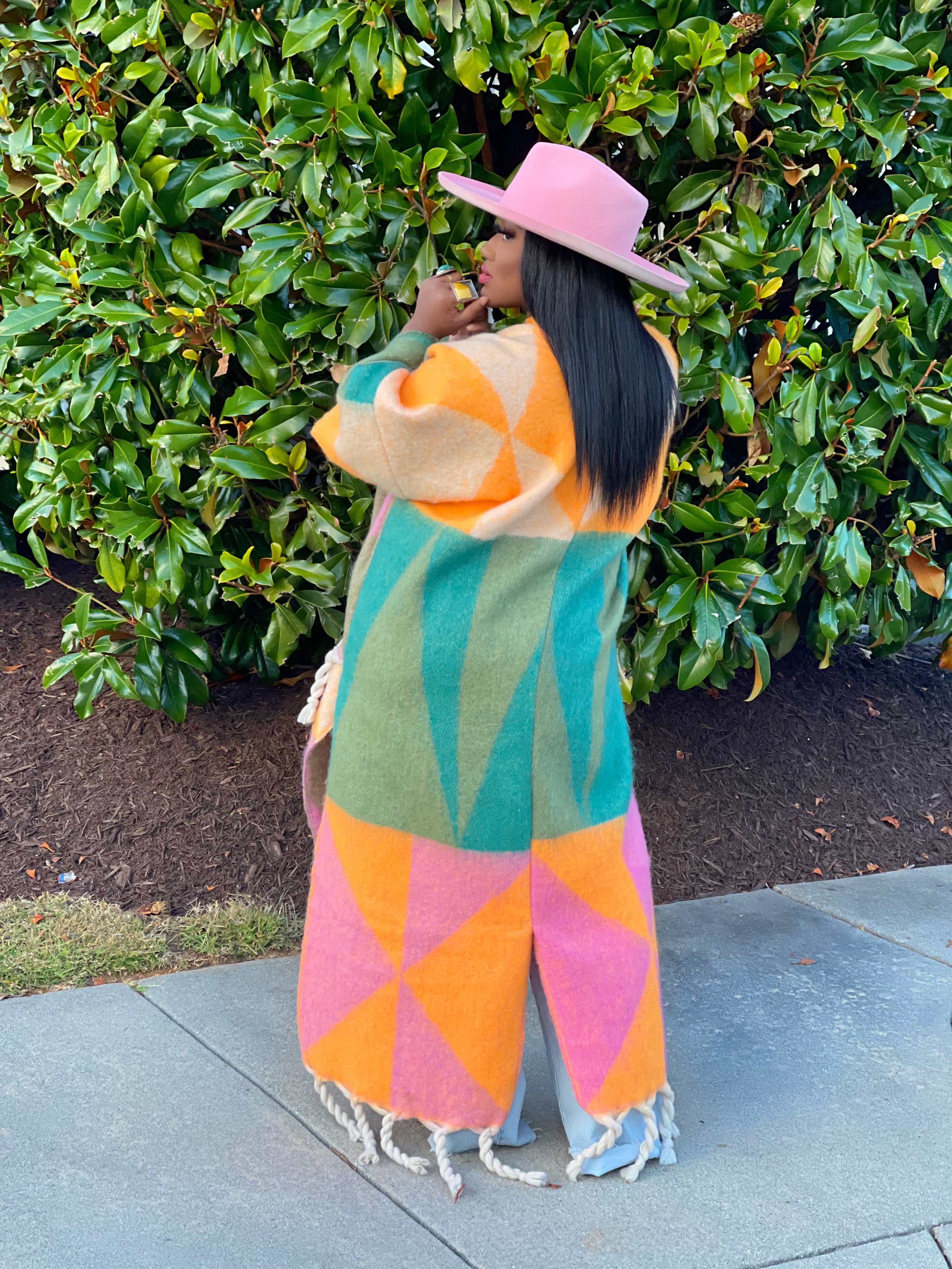 GOLDxTEAL colorful fuzzy long cardigan. Fringe cardigan.