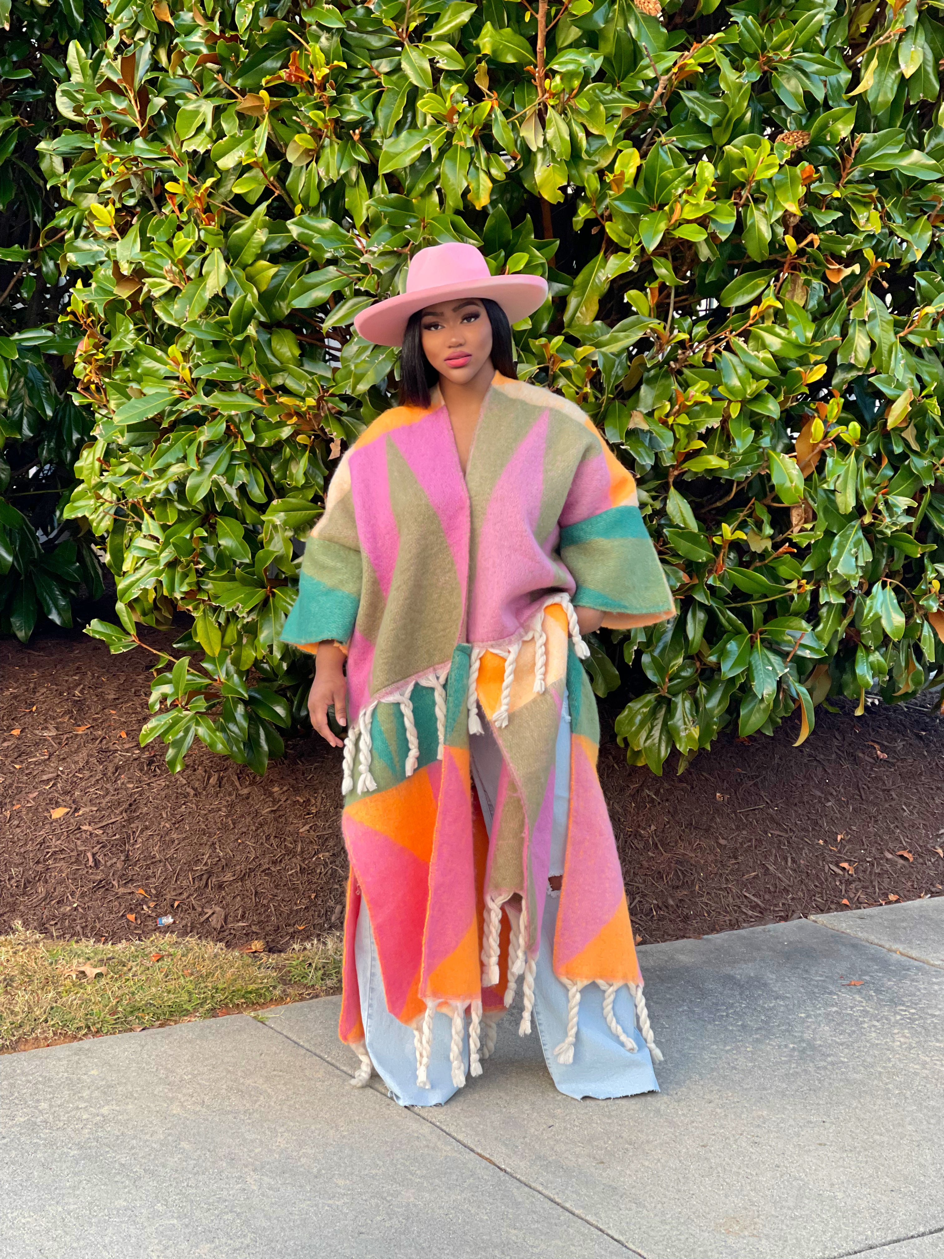 GOLDxTEAL colorful fuzzy long cardigan. Fringe cardigan.