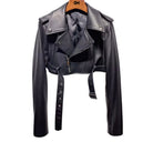 GOLDxTEAL black crop leather motorcycle jacket.