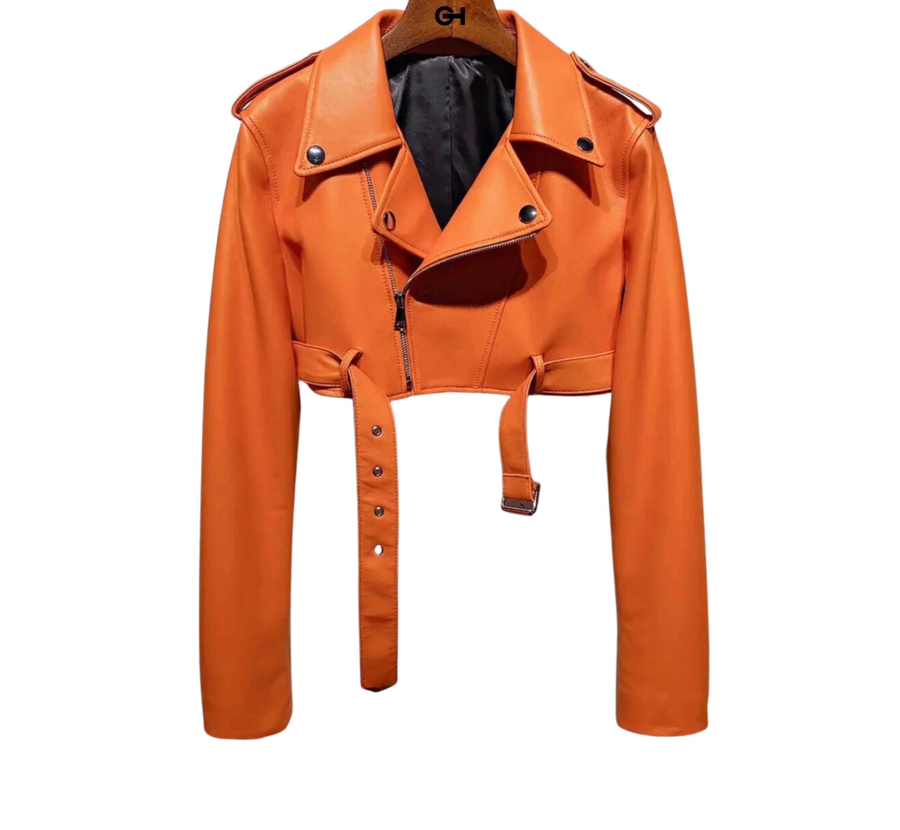 GOLDxTEAL orange leather crop motorcycle jacket.