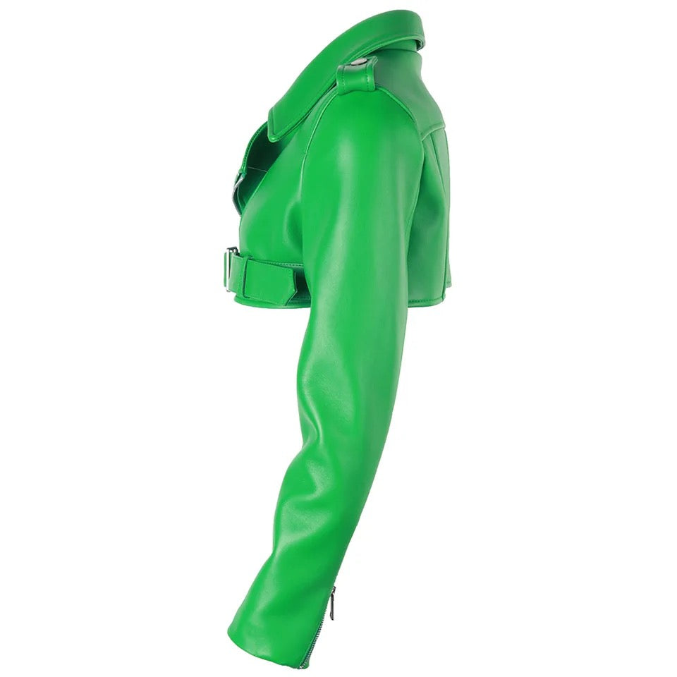 GOLDxTEAL green leather crop motorcycle jacket.